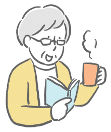 Illustration of an old lady reading with a warm drink in her hand