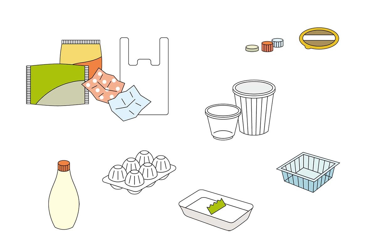 お菓子の袋、レジ袋、ペットボトルのふた、プラスチック容器のイラスト