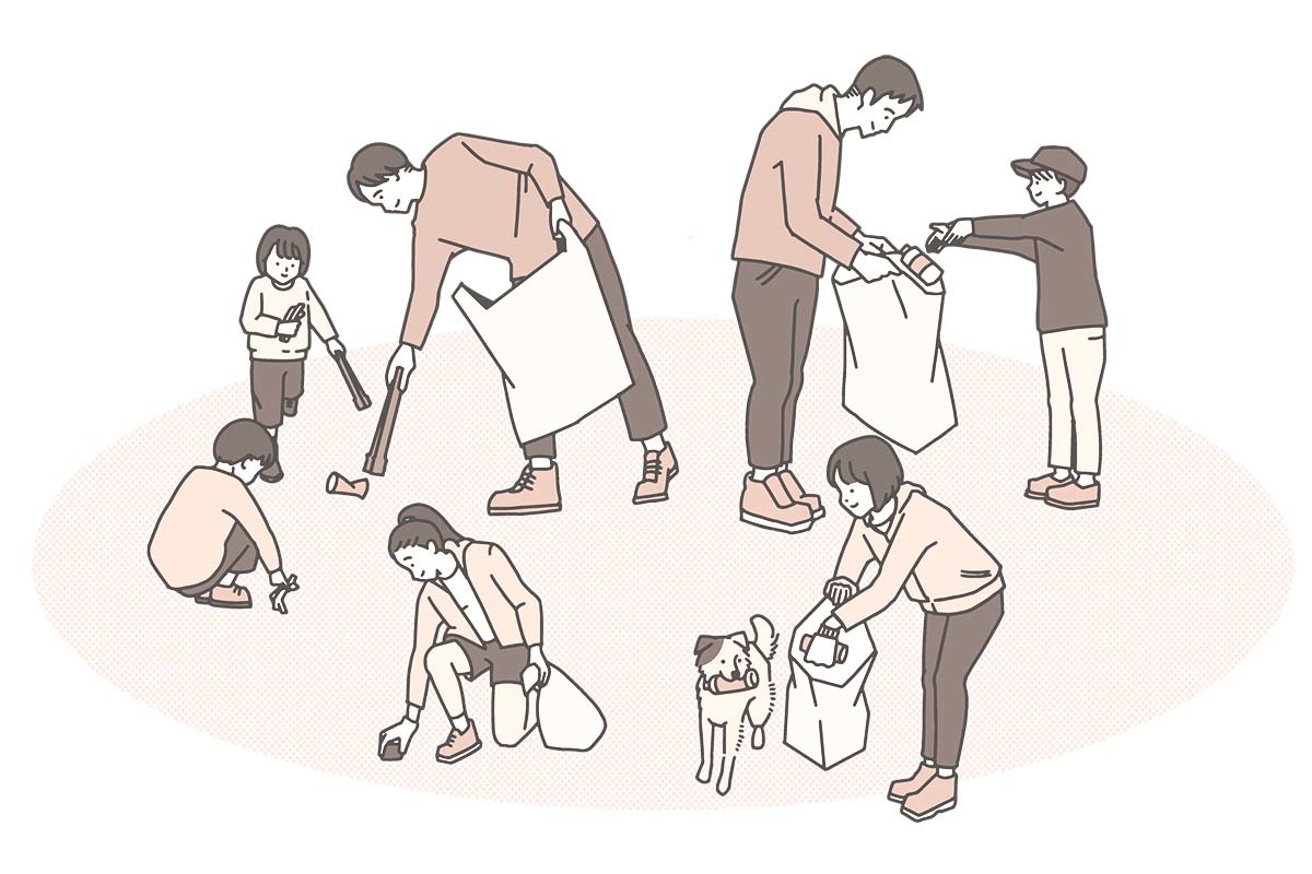 ゴミを集めて清掃活動を行なっている父子、女性、犬