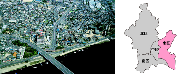 東区航空写真と岡山市内の位置関係の図