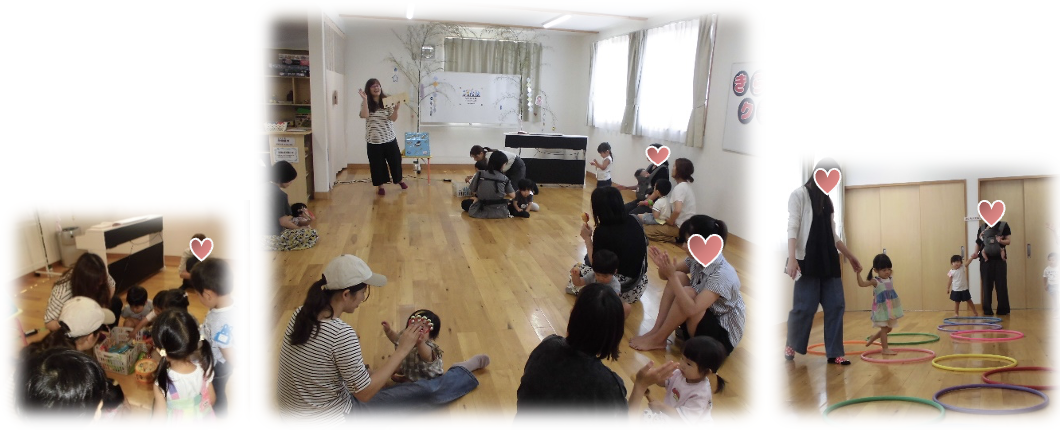 左：楽器を選ぶ園児たち中央：楽器を鳴らす園児たち右：フープの上をジャンプする園児たち