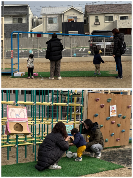 まとあてやポンポンボールで遊ぶ子どもたち