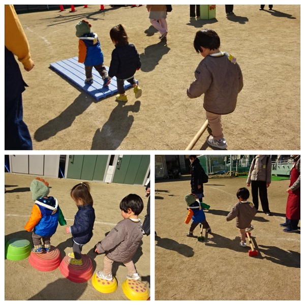 友達の後ろについてコースを進む子どもたち