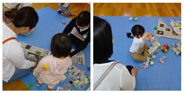 兜を作ったり，つみつみこいのぼりで遊んだりしている子どもたち