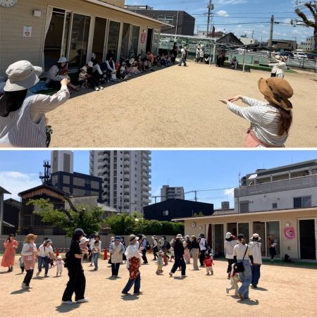 園庭で手遊びを楽しむ皆さん