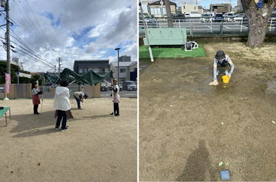 地面の水を吸わせたり,テントを立てたりして準備を進めるスタッフ。