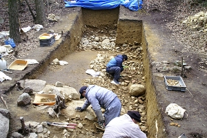 墳丘と島状遺構をつなぐ陸橋を調査している様子