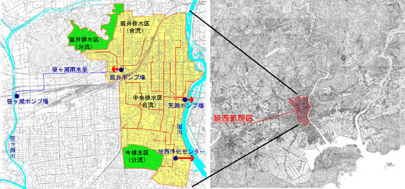 旭西処理区のポンプ場の位置と放流先を示した画像