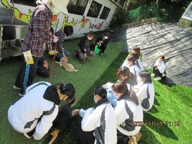 ドッグランで訓練犬と触れ合う学生たち