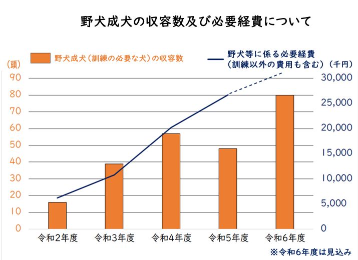 野犬成犬の収容数と必要経費の推移