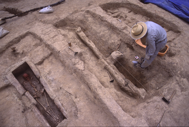 写真中央では発掘作業が進められ、写真左側には人骨が出土する