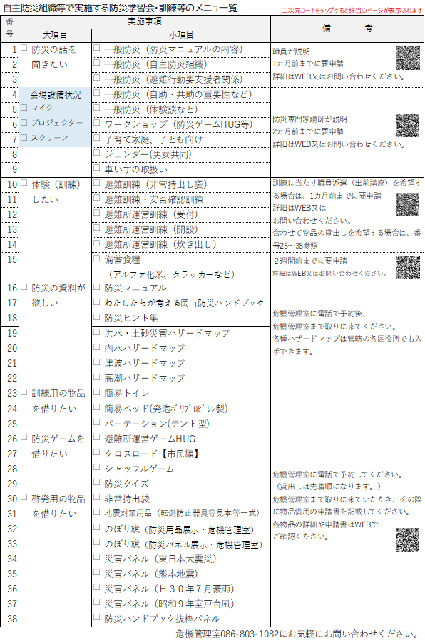 防災学習会、訓練等のメニュー一覧（危機管理室）