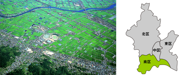 南区航空写真と岡山市内の位置関係の図