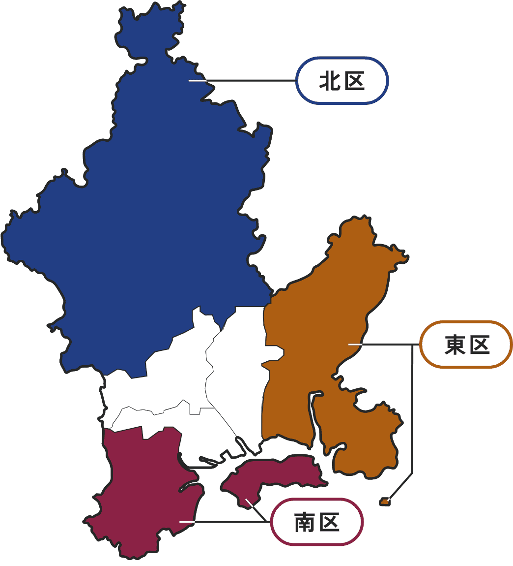 岡山市の地図に北区、東区、南区が色で分かれている