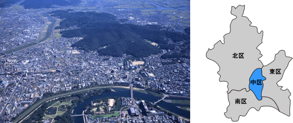 中区航空写真と岡山市内の位置関係の図