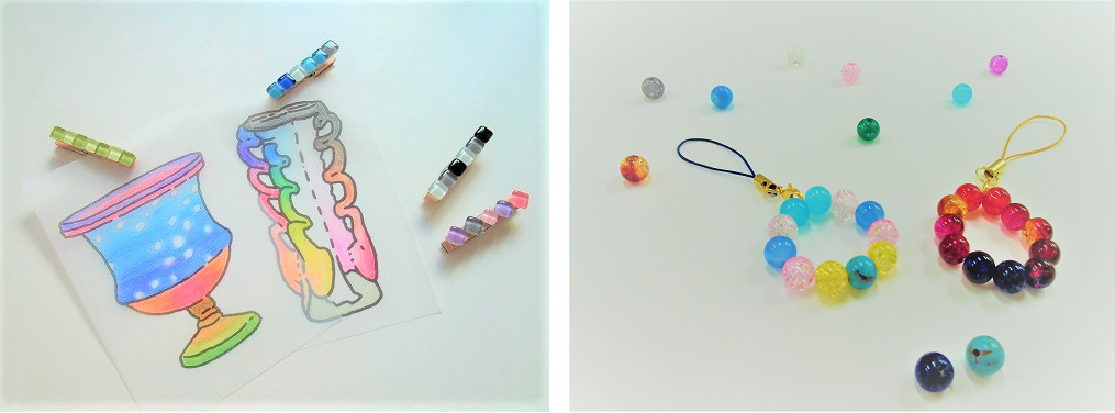 ガラスのぬり絵、ペーパークリップ、チャームなど