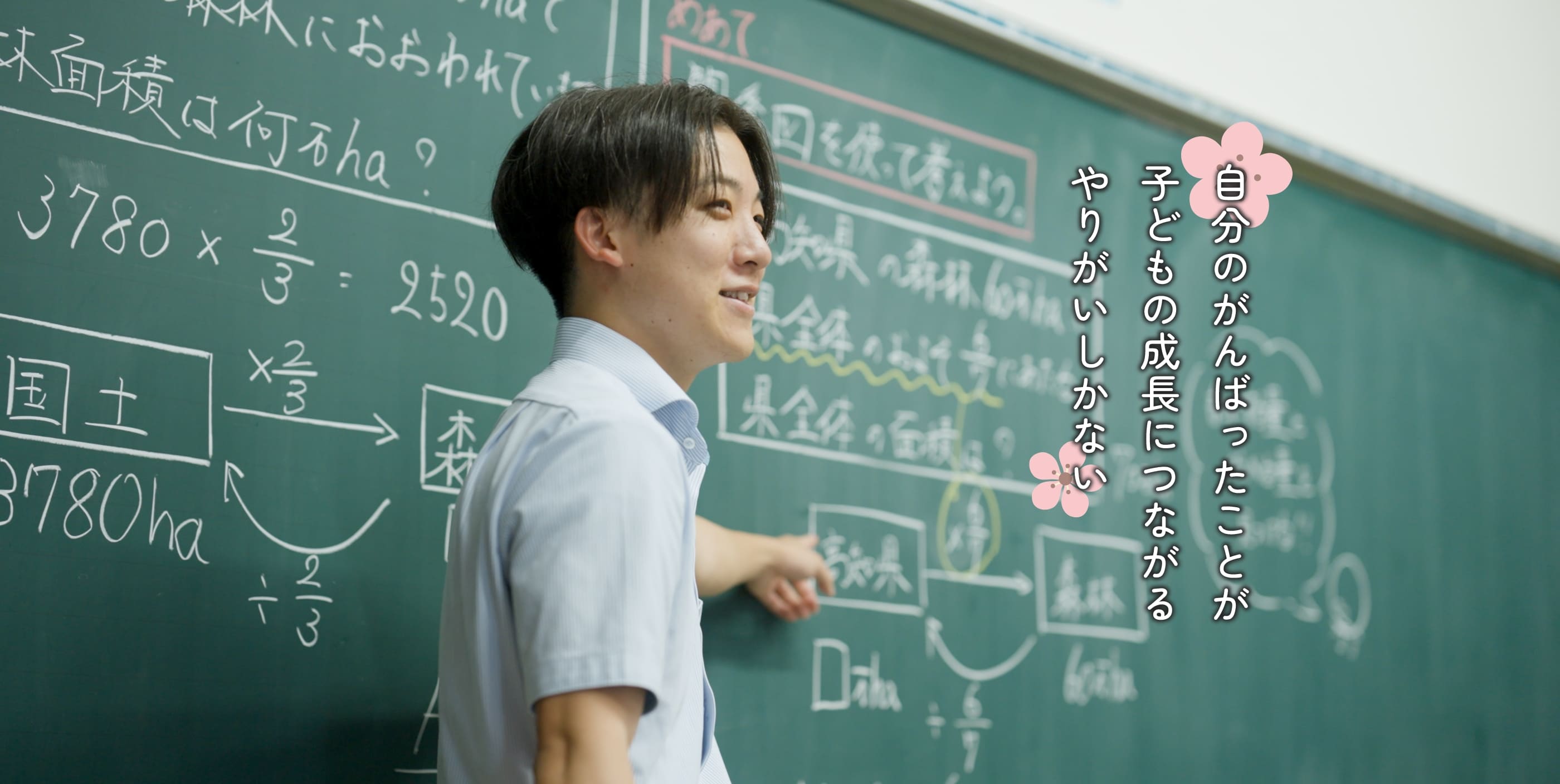 自分のがんばったことが子どもの成長につながる、やりがいしかないと書かれた文字と小学校教諭の写真
