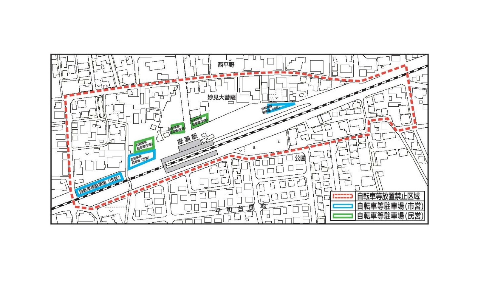 庭瀬駅周辺の放置禁止区域並びに自転車等駐車場の位置図