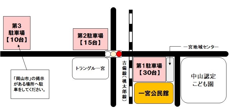 第1駐車場、第2駐車場、第3駐車場の場所の図です。