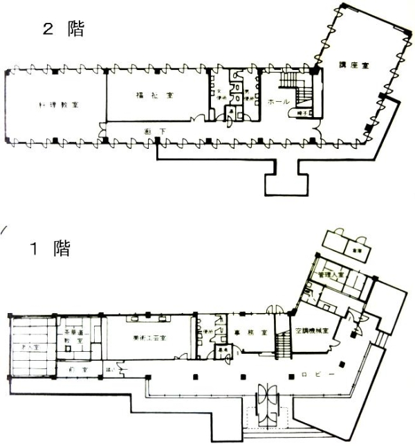 妹尾公民館の1階及び2階平面図